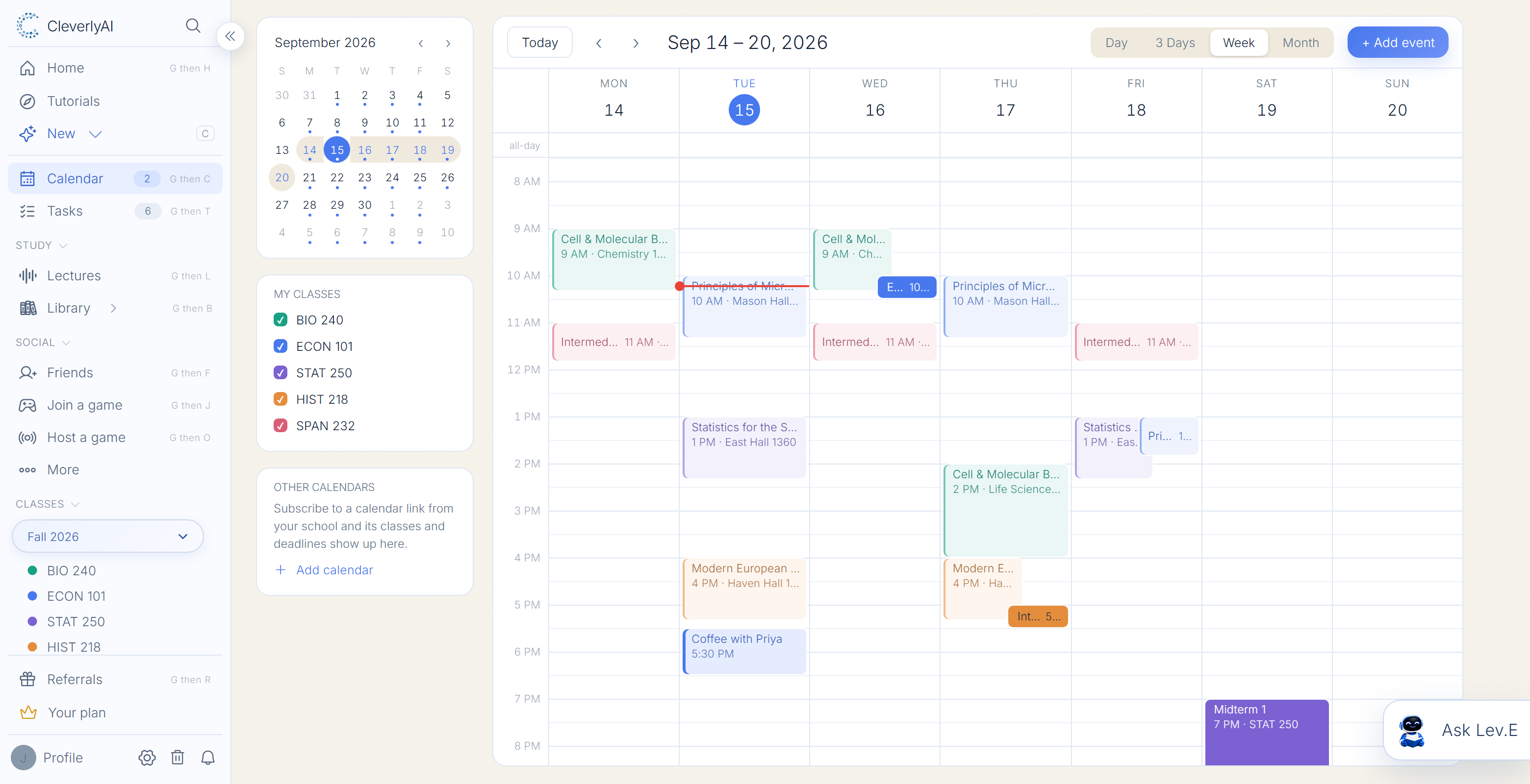 CleverlyAI weekly calendar showing classes, appointments, and personal events in one schedule