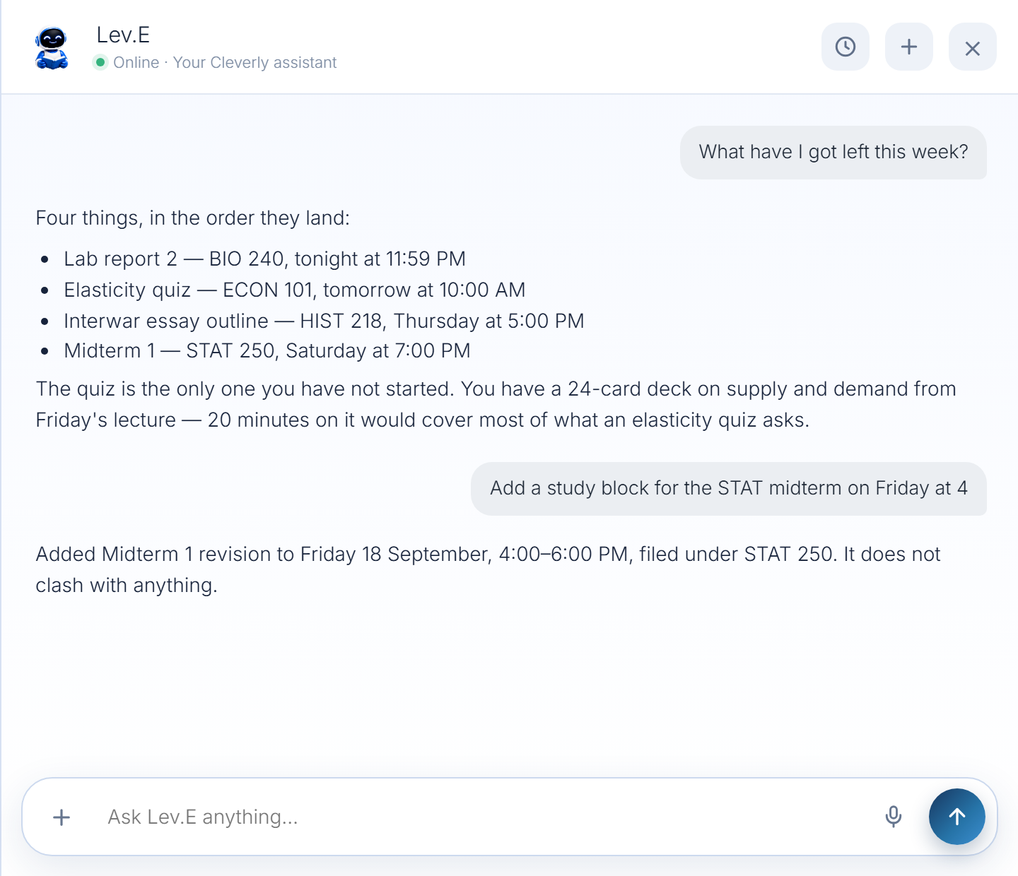 Lev.E assistant ready to answer questions, review a schedule, and create study materials